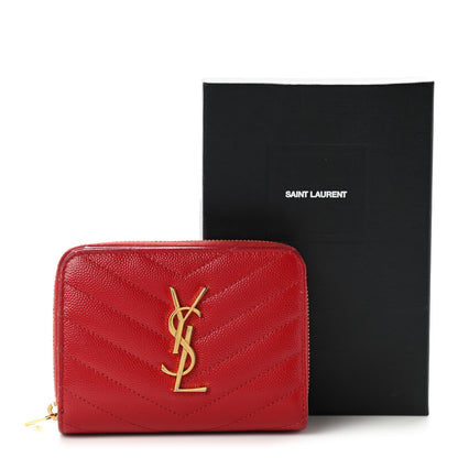 Saint Laurent Grain De Poudre Matelasse Chevron Monogram Compact Zip Around Wallet Red 5 of 13