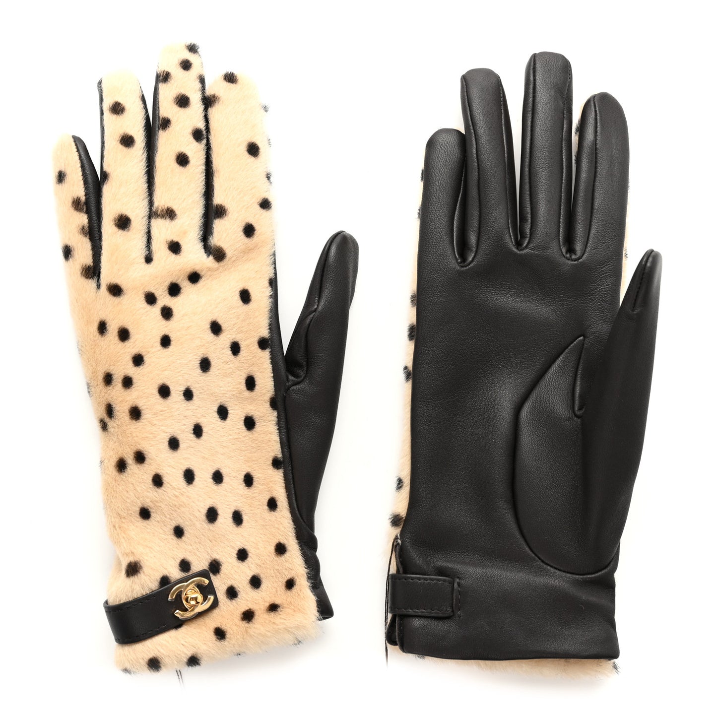Lambskin Ponyhair Gloves 7.5 Beige Black