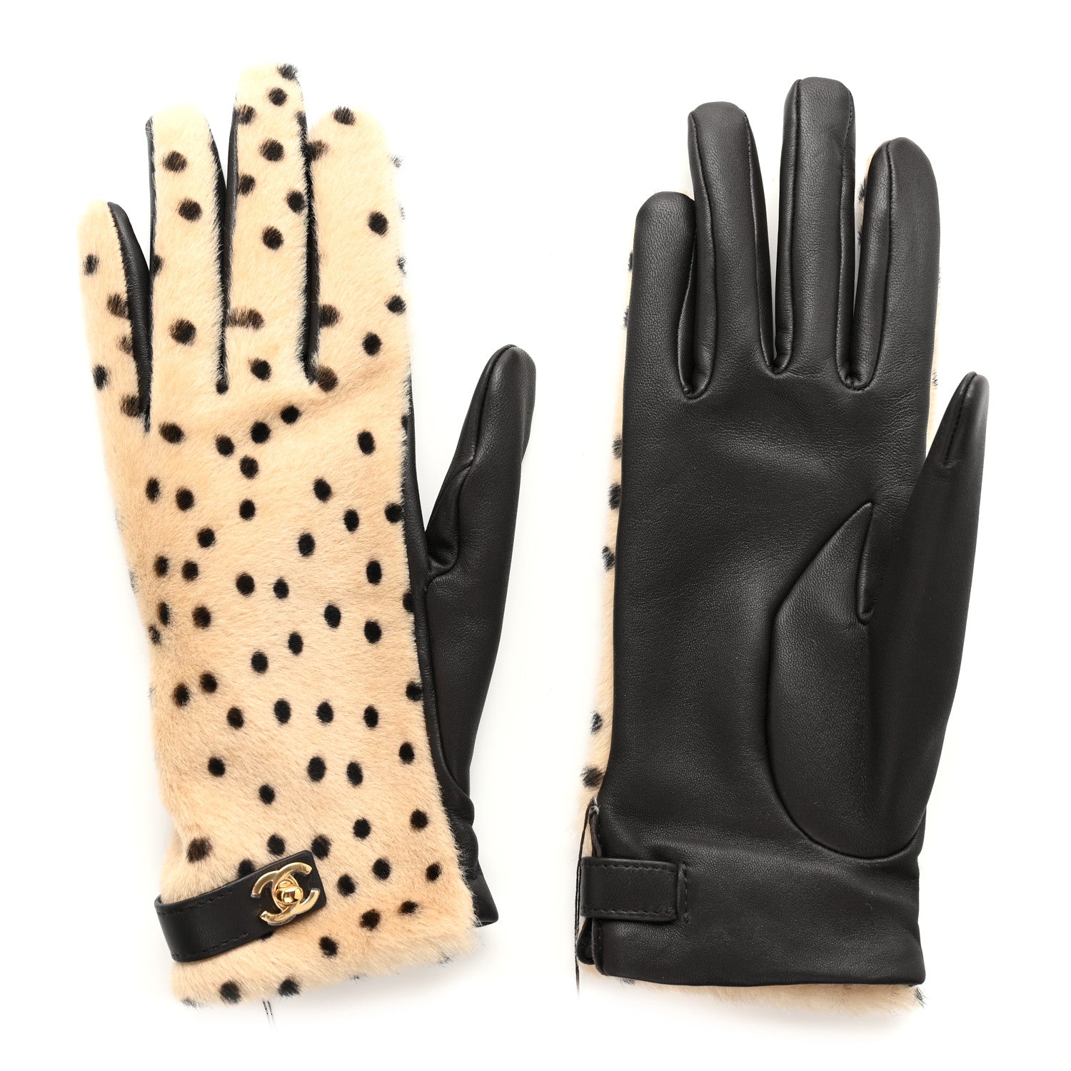 Chanel Lambskin Ponyhair Gloves 7.5 Beige Black 3 of 6