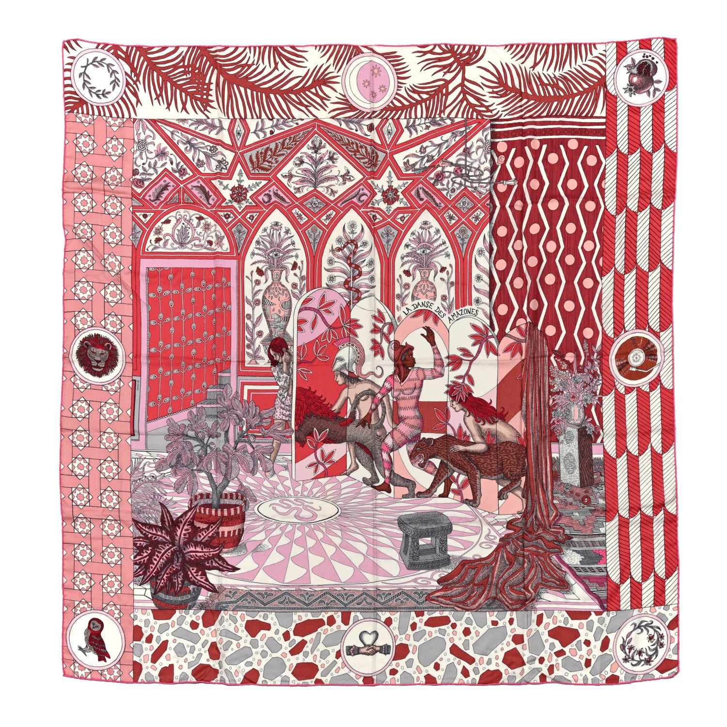 Hermes Cashmere Silk La Danse Des Amazones Shawl 140 Vieux Rose Gris White 1 of 5