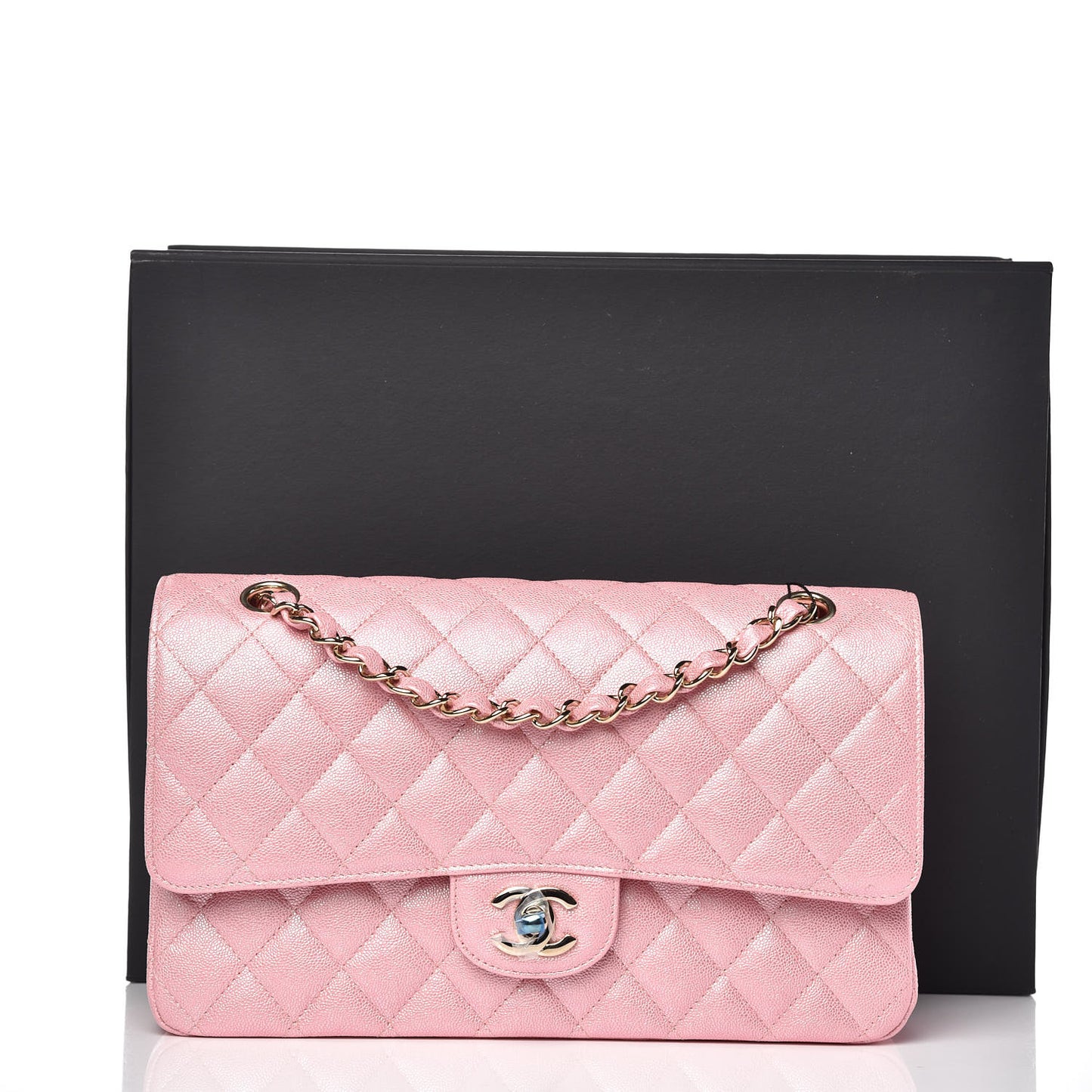 Iridescent Caviar Quilted Medium Double Flap Rose Pink