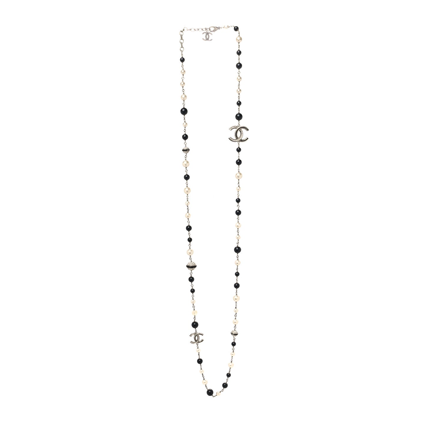 Metal Pearl Crystal Bead CC Long Necklace Silver Black