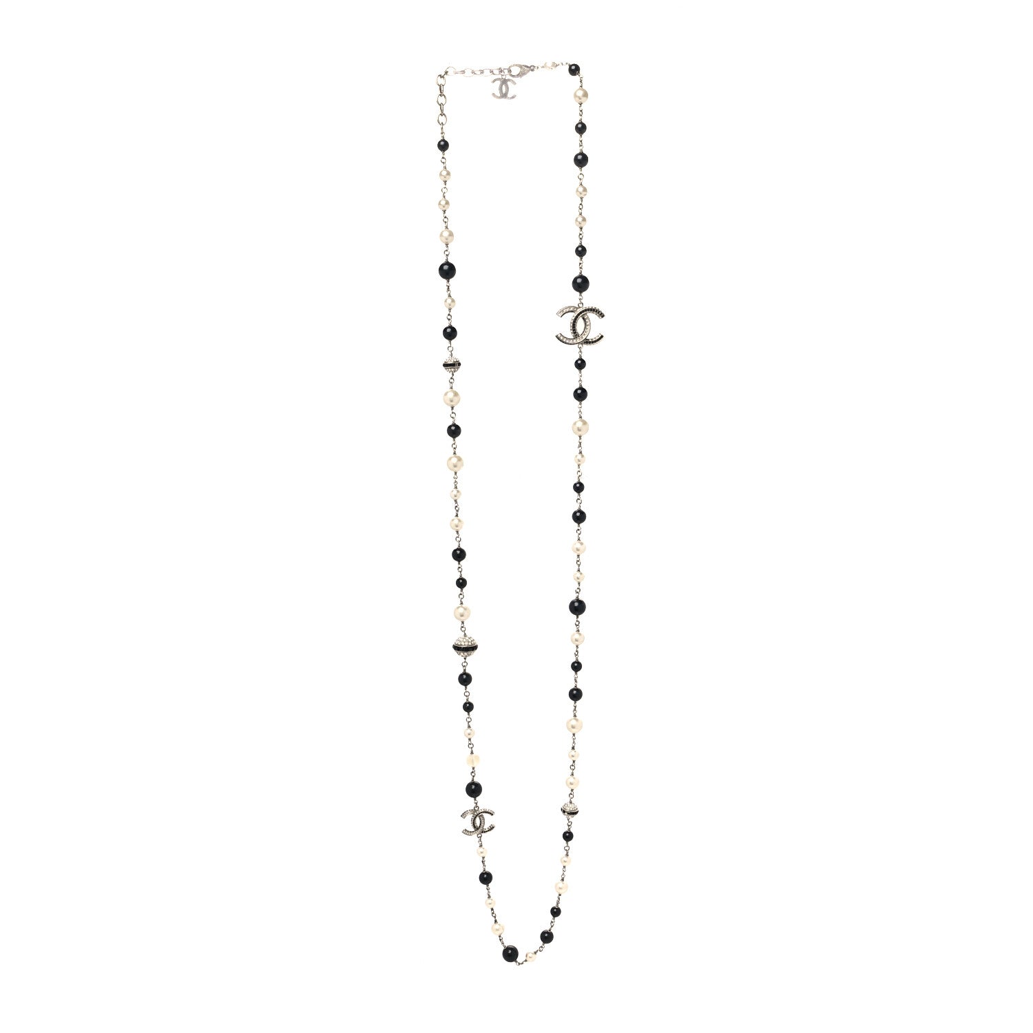 Chanel Metal Pearl Crystal Bead CC Long Necklace Silver Black 3 of 7