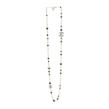 Chanel Metal Pearl Crystal Bead CC Long Necklace Silver Black 3 of 7