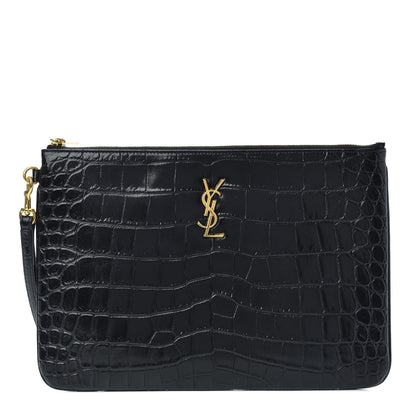 Saint Laurent Calfskin Crocodile Embossed Tablet Pouch Black 1 of 6