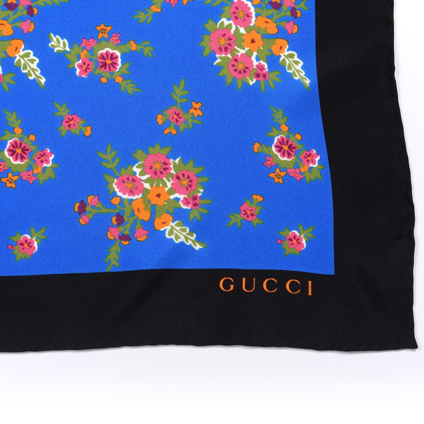 Silk Floral Print Web Square Scarf Black Blue