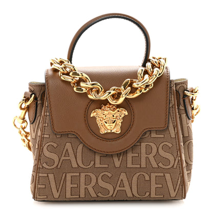 Versace Calfskin Canvas Allover La Medusa Small Top Handle Handbag Brown 1 of 9