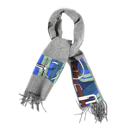 Hermes Cashmere Silk Patch de Soie Muffler Gris Chine 1 of 3