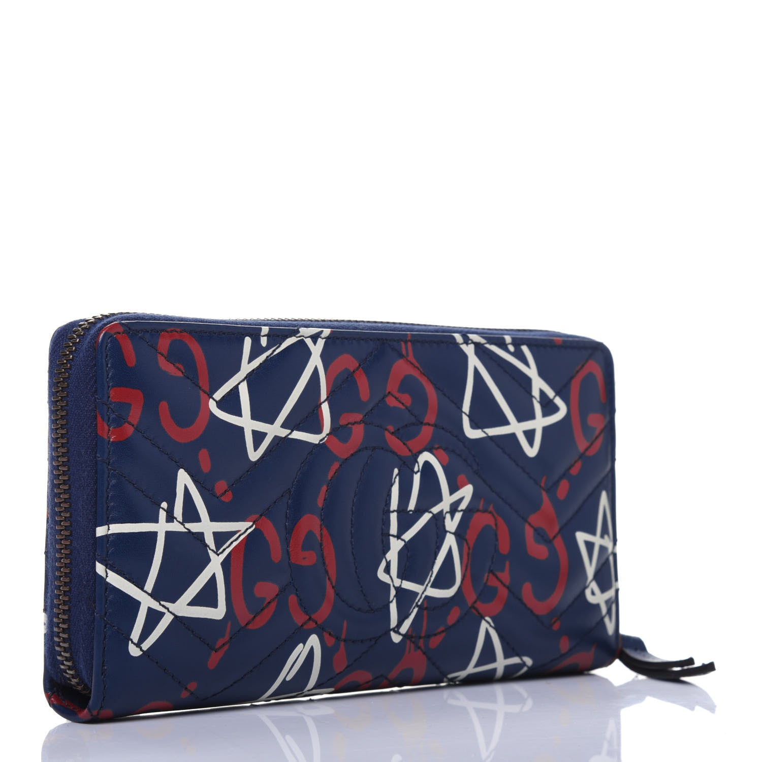 Gucci Calfskin Matelasse GucciGhost GG Marmont Zip Around Wallet Blue Agata Hibiscus Red 3 of 12
