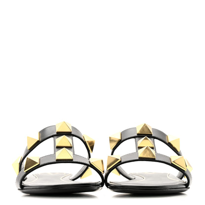 Valentino Garavani Calfskin Roman Stud Flat Slide Sandals 37 Black 3 of 10