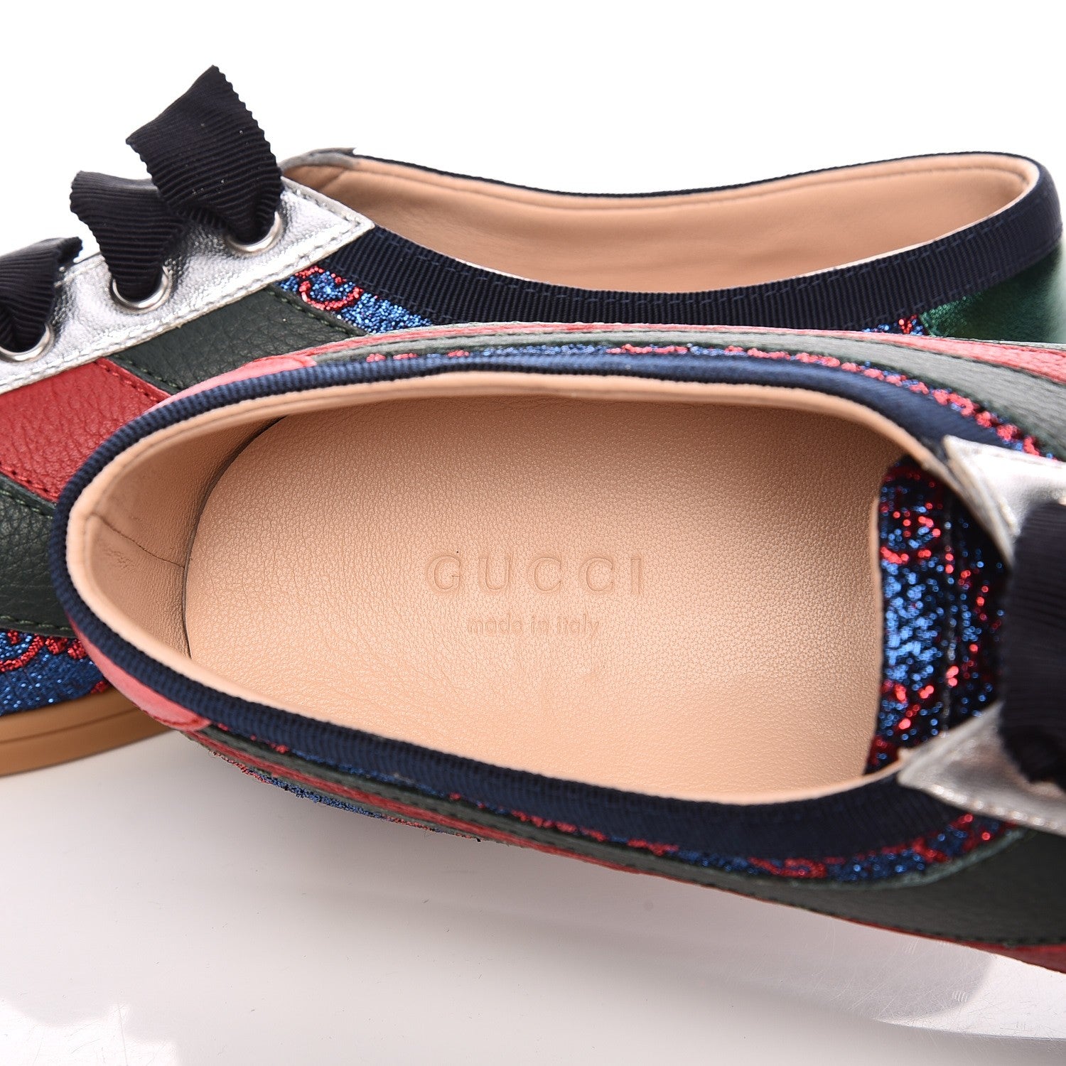 Gucci Lurex Calfskin Web GG Monogram Womens Falacer Sneakers 38 Iridescent Blue Iridescent Red Silver 6 of 10