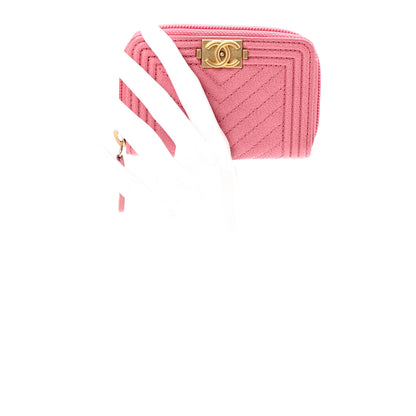 Chanel Caviar Chevron Quilted Boy Zip Around Coin Purse Wallet Pink 2 of 8