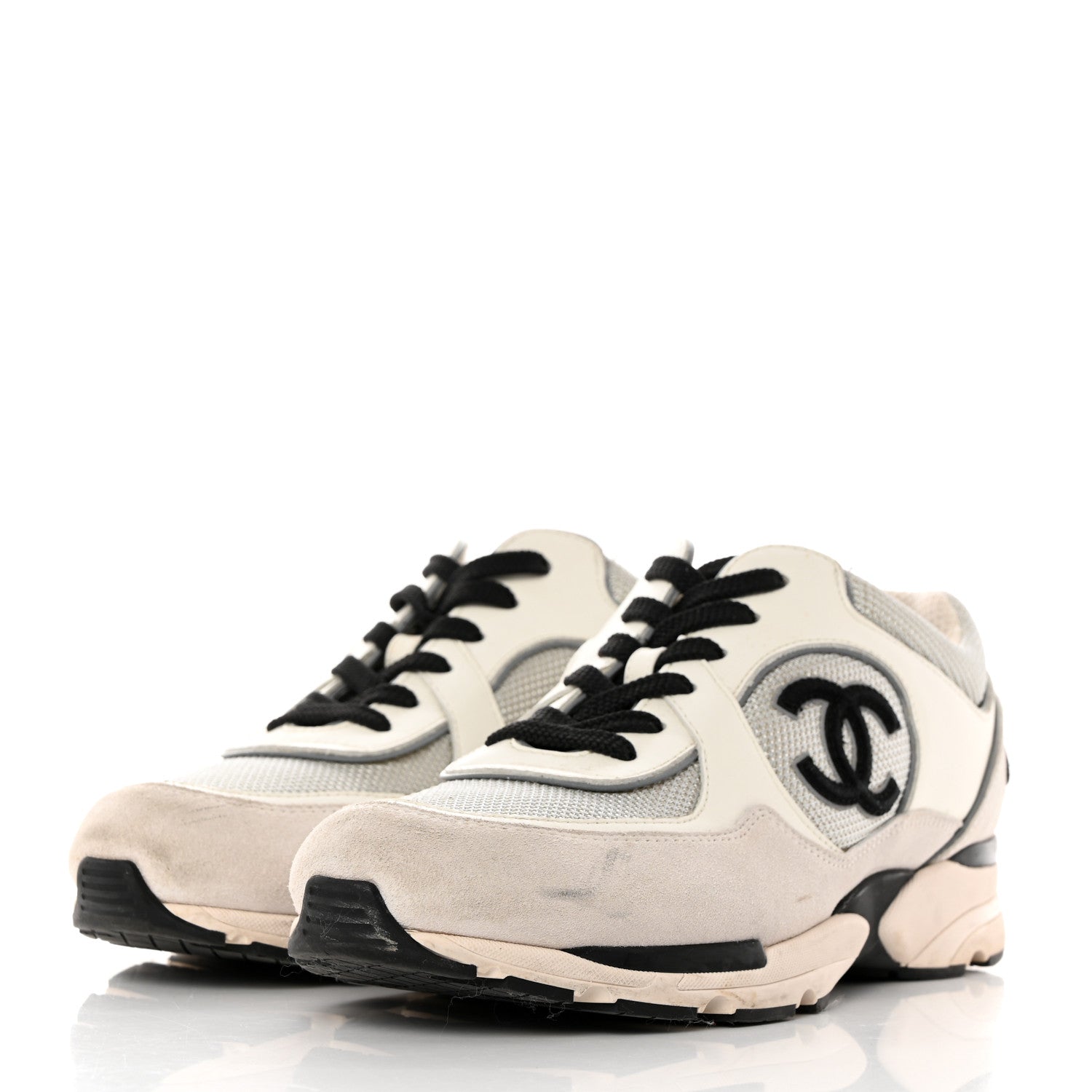 Chanel Calfskin Fabric Womens CC Sneakers 39.5 Black White Silver 3 of 9