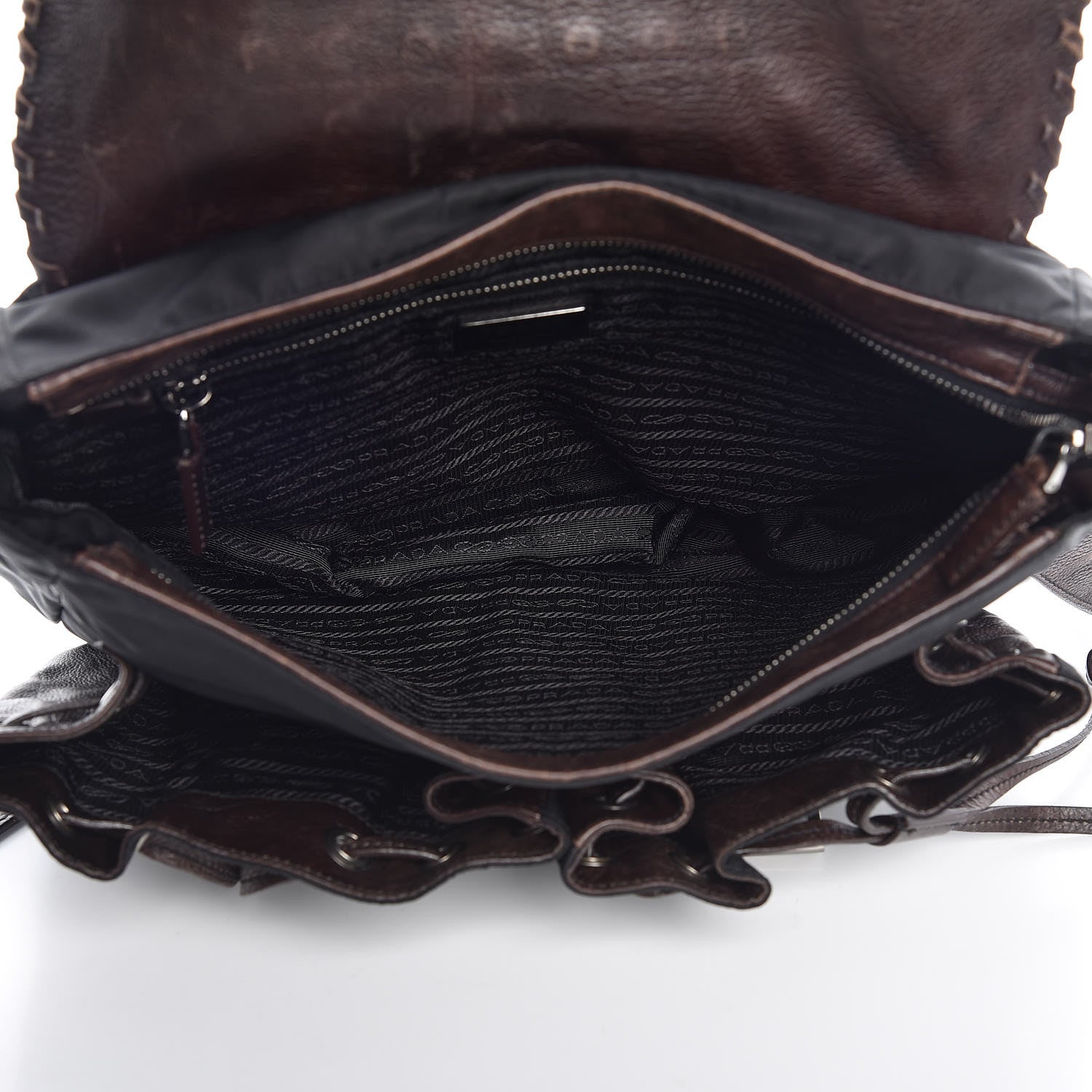 Prada Tessuto Nylon Calfskin Studded Shoulder Bag Bruciato 5 of 12