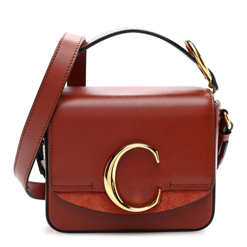 Shiny Calfskin Suede Mini C Double Carry Sepia Brown