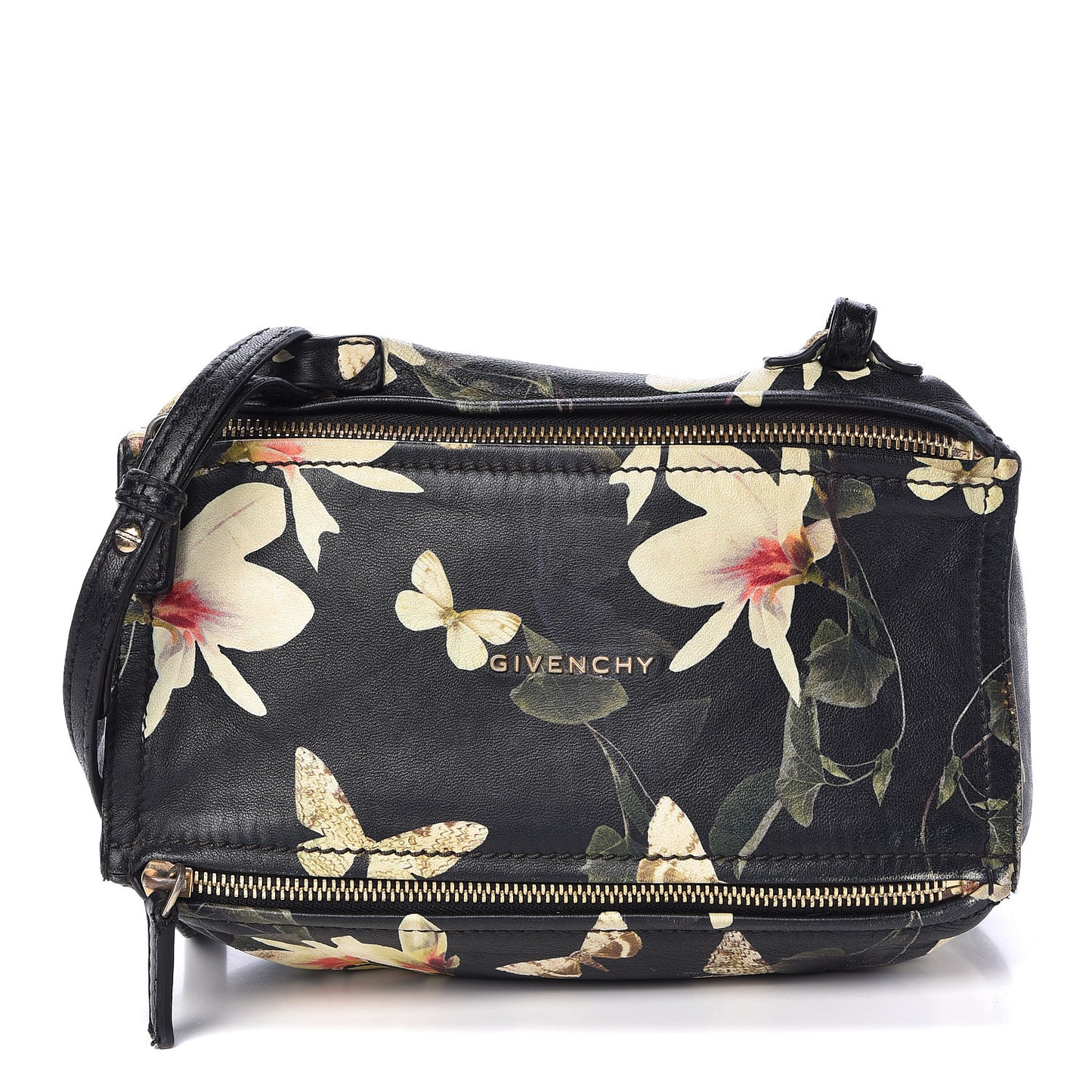 Lambskin Magnolia and Moth Print Mini Pandora Black