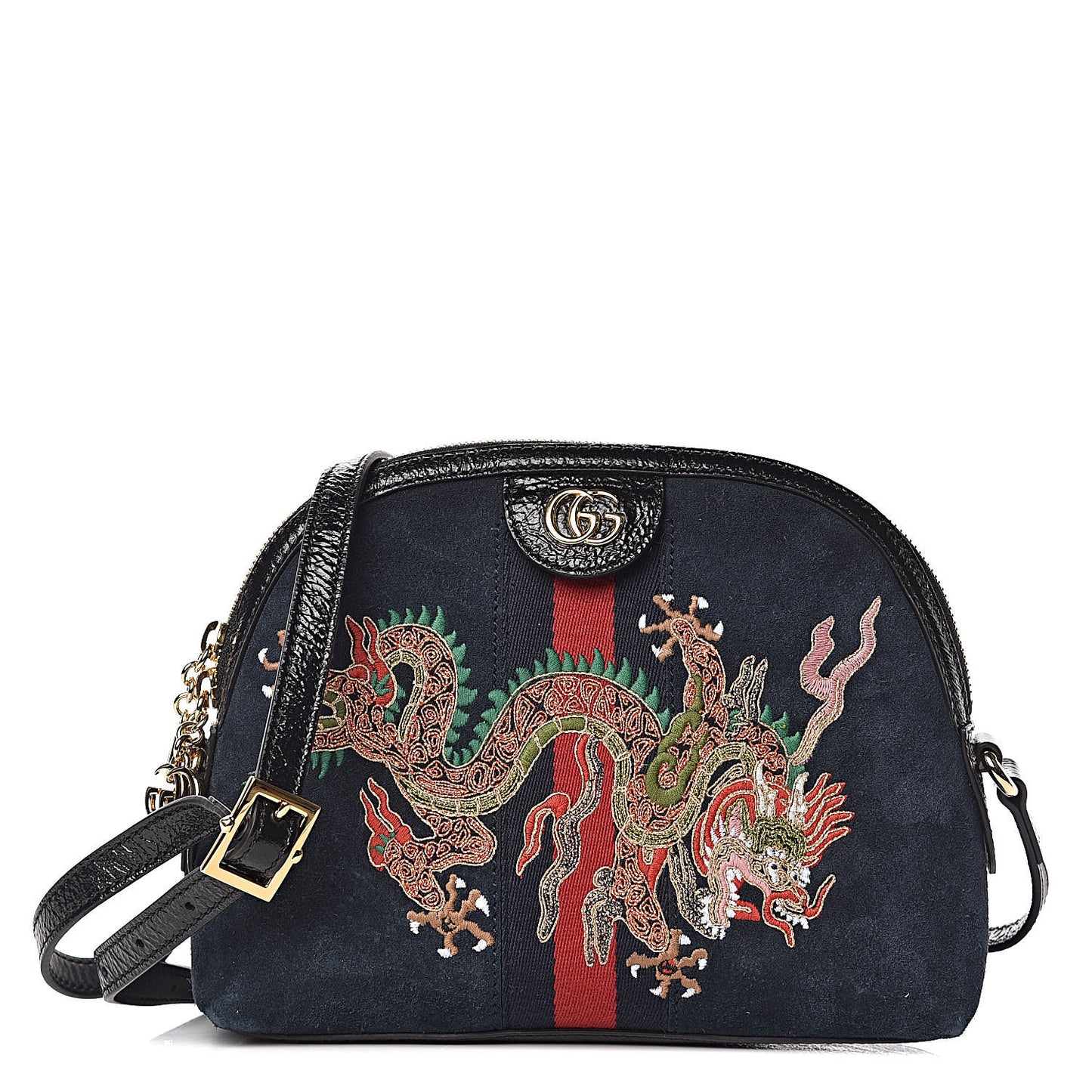 Suede Patent Dragon Embroidered Small Ophidia Dome Shoulder Bag Blue Multicolor Black