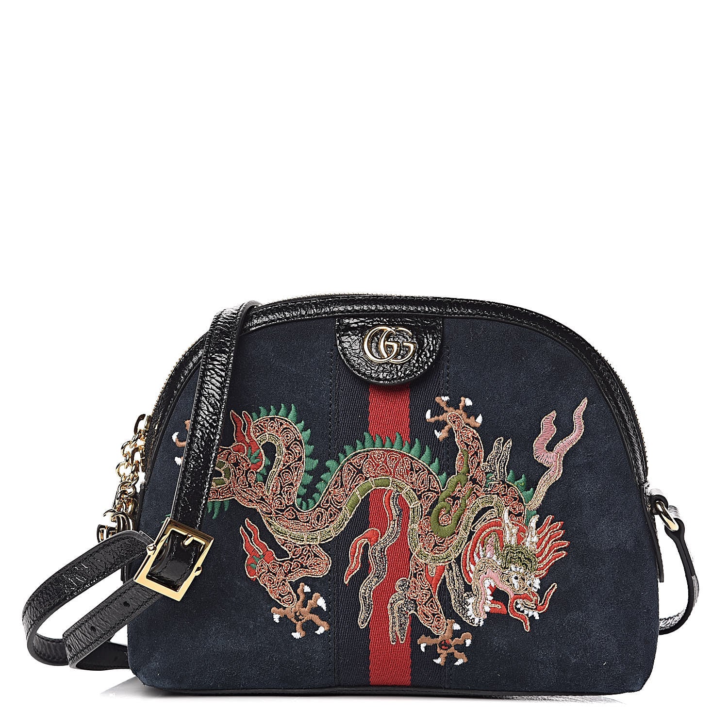 Gucci Suede Patent Dragon Embroidered Small Ophidia Dome Shoulder Bag Blue Multicolor Black 1 of 11