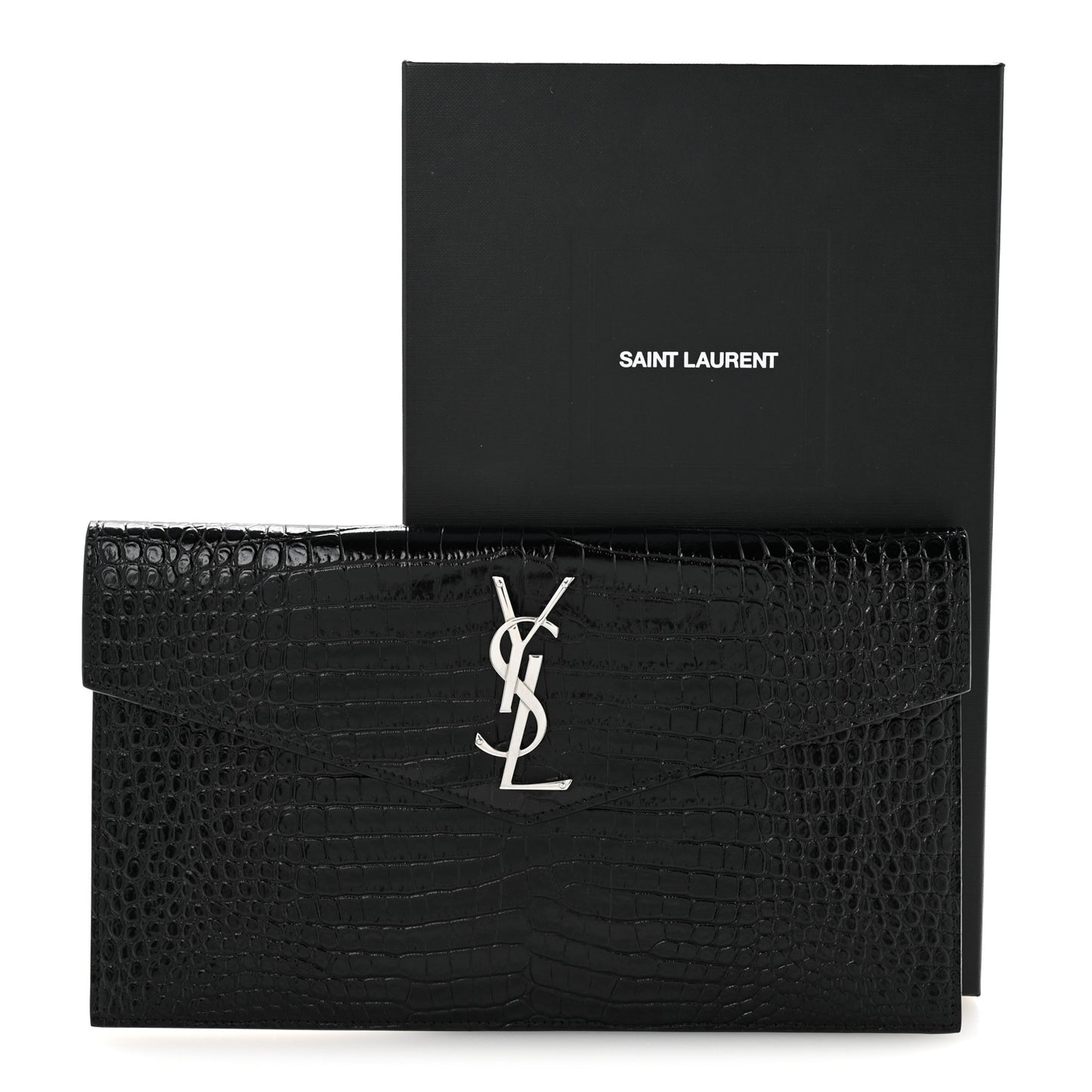 Calfskin Crocodile Embossed Uptown Monogram Clutch Black