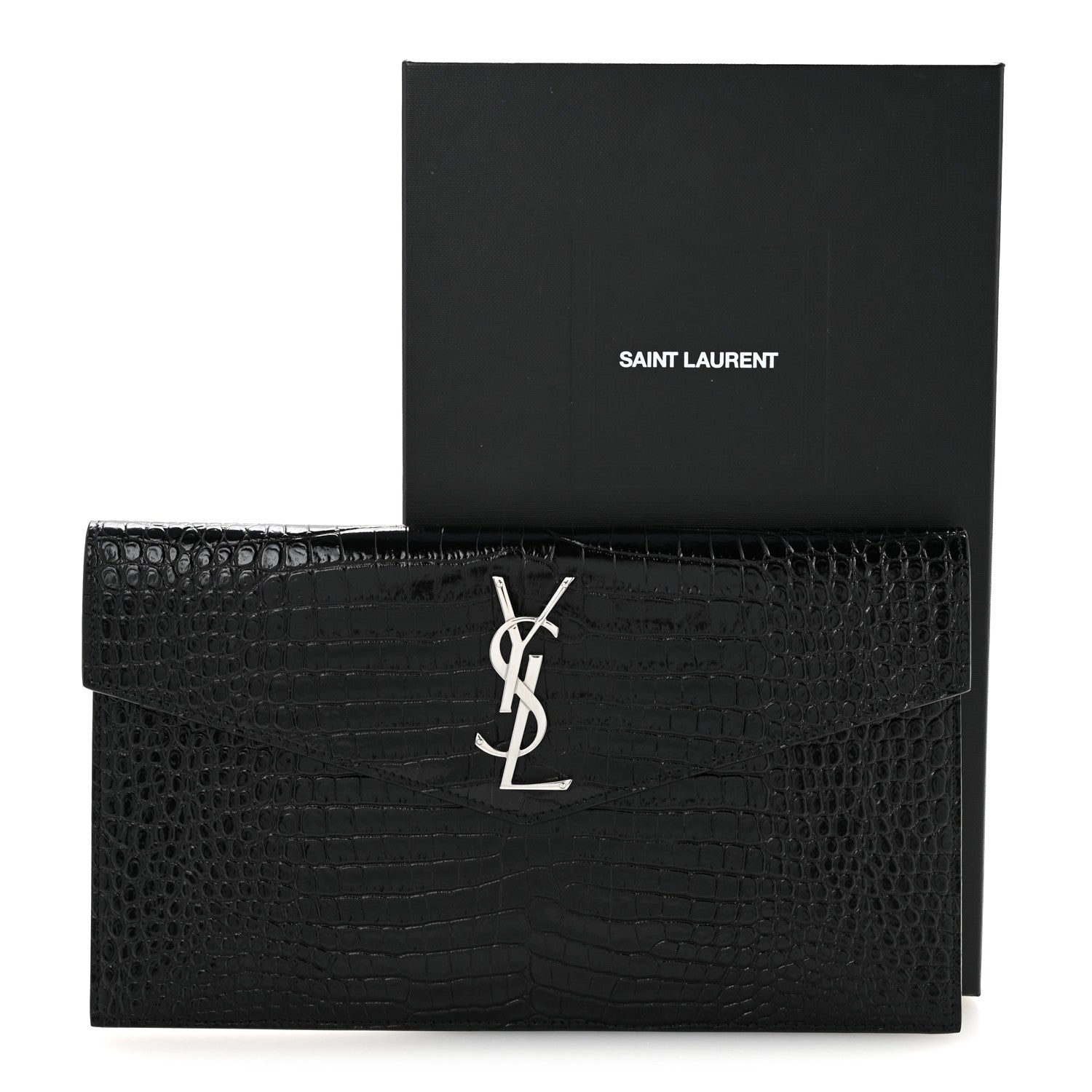 Saint Laurent Calfskin Crocodile Embossed Uptown Monogram Clutch Black 13 of 13