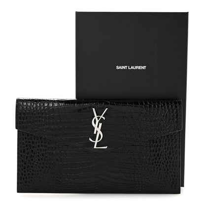 Saint Laurent Calfskin Crocodile Embossed Uptown Monogram Clutch Black 13 of 13
