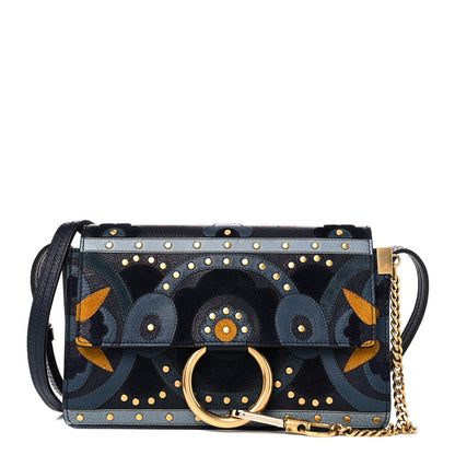 Chloe Calfskin Suede Floral Patchwork Studded Small Faye Shoulder Bag Full Blue 1 of 12