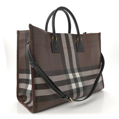 Burberry E-Canvas Check Calfskin Medium Freya Tote Dark Birch Brown 3 of 11