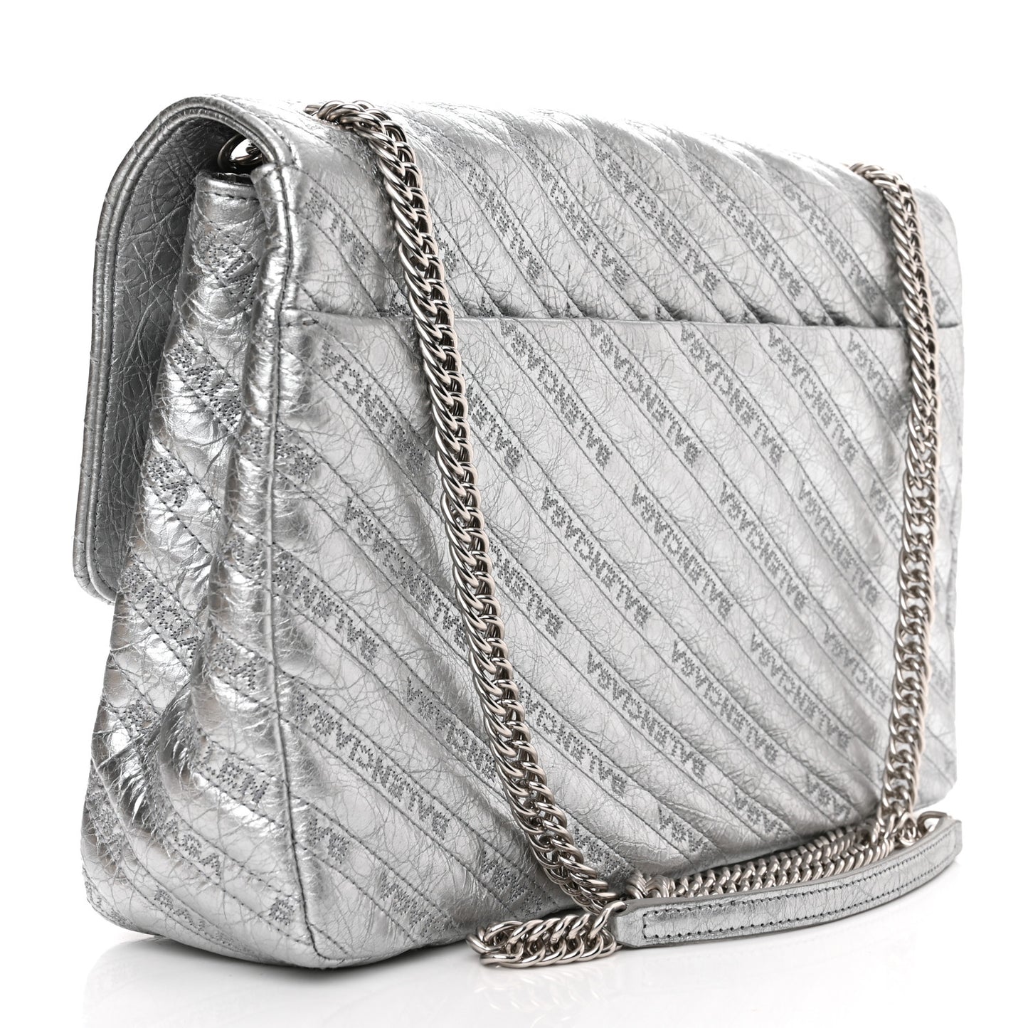 Metallic Arena Calfskin Logo Matelasse Large BB Flap Chain Shoulder Bag Argent