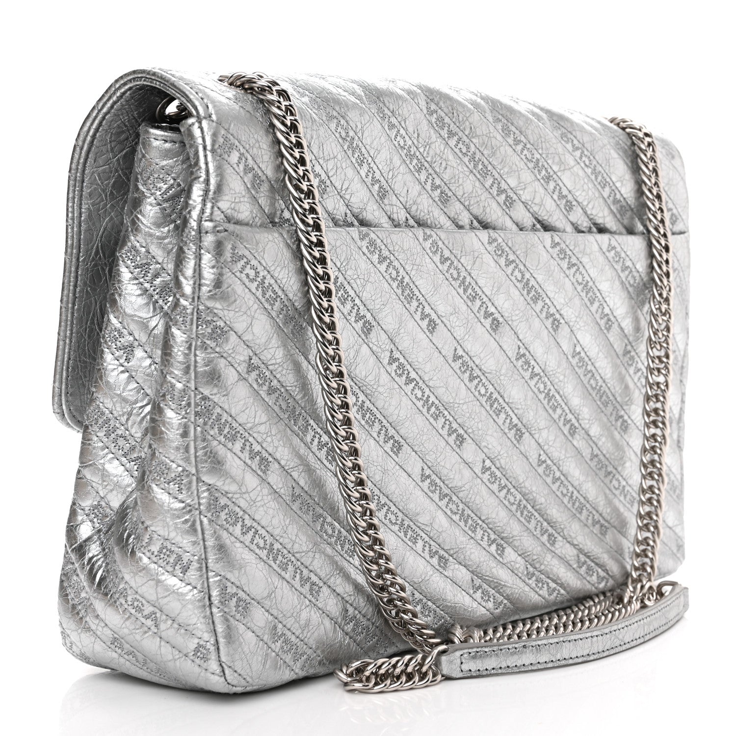 Balenciaga Metallic Arena Calfskin Logo Matelasse Large BB Flap Chain Shoulder Bag Argent 3 of 9