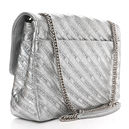 Balenciaga Metallic Arena Calfskin Logo Matelasse Large BB Flap Chain Shoulder Bag Argent 3 of 9
