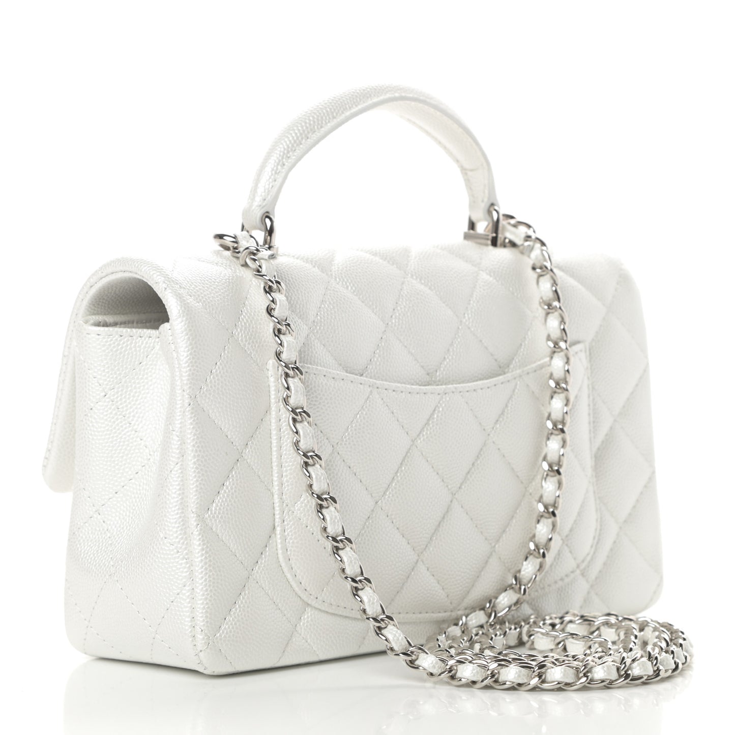 Iridescent Caviar Quilted Mini Top Handle Rectangular Flap White