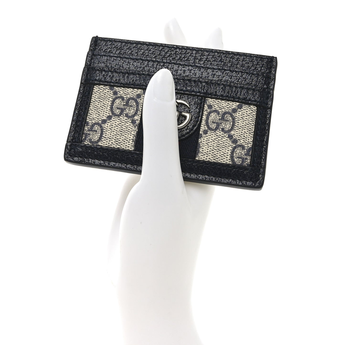 GG Supreme Monogram Textured Dollar Calfskin Web Ophidia Card Holder Beige Blue