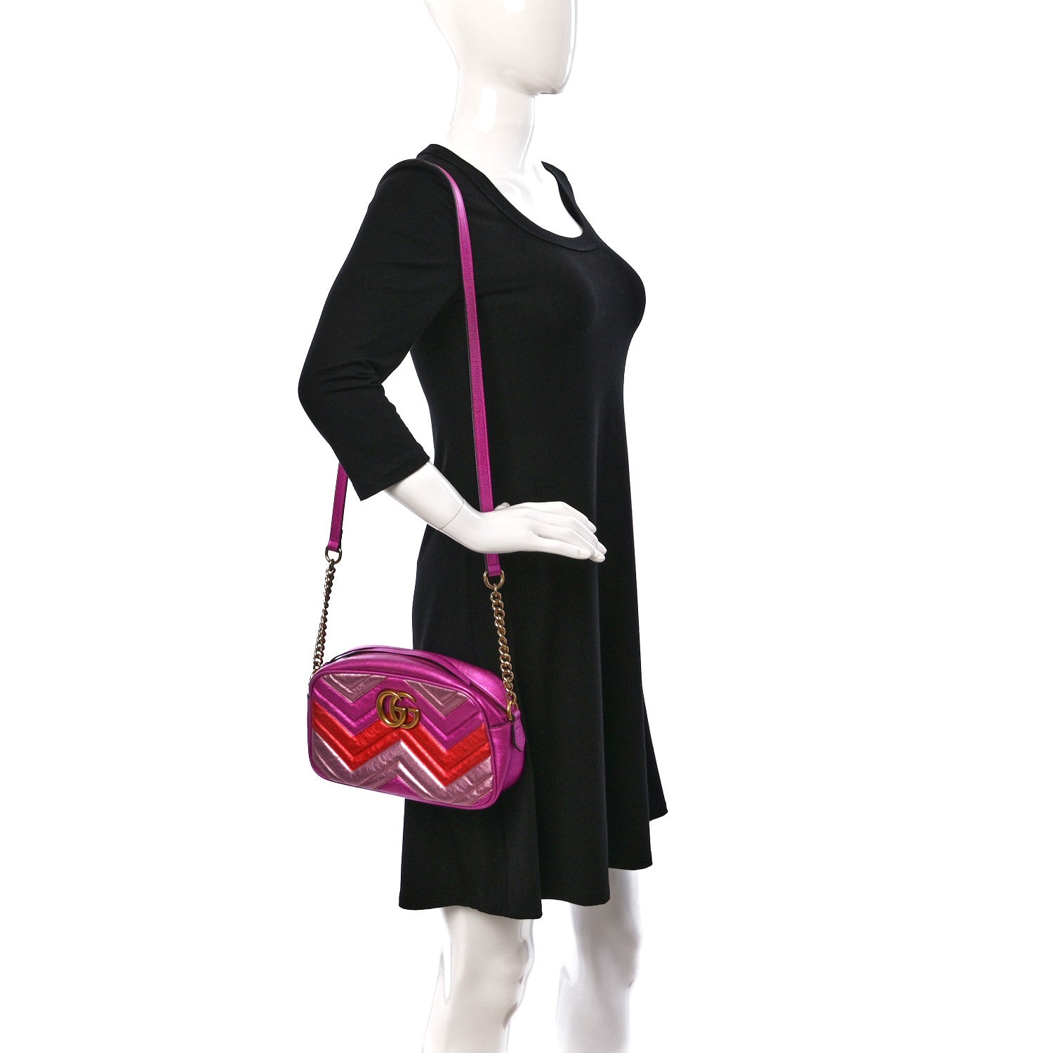 Gucci Laminated Nappa Matelasse Small GG Marmont Chain Shoulder Bag Fuxia Rosso Rosa 2 of 10
