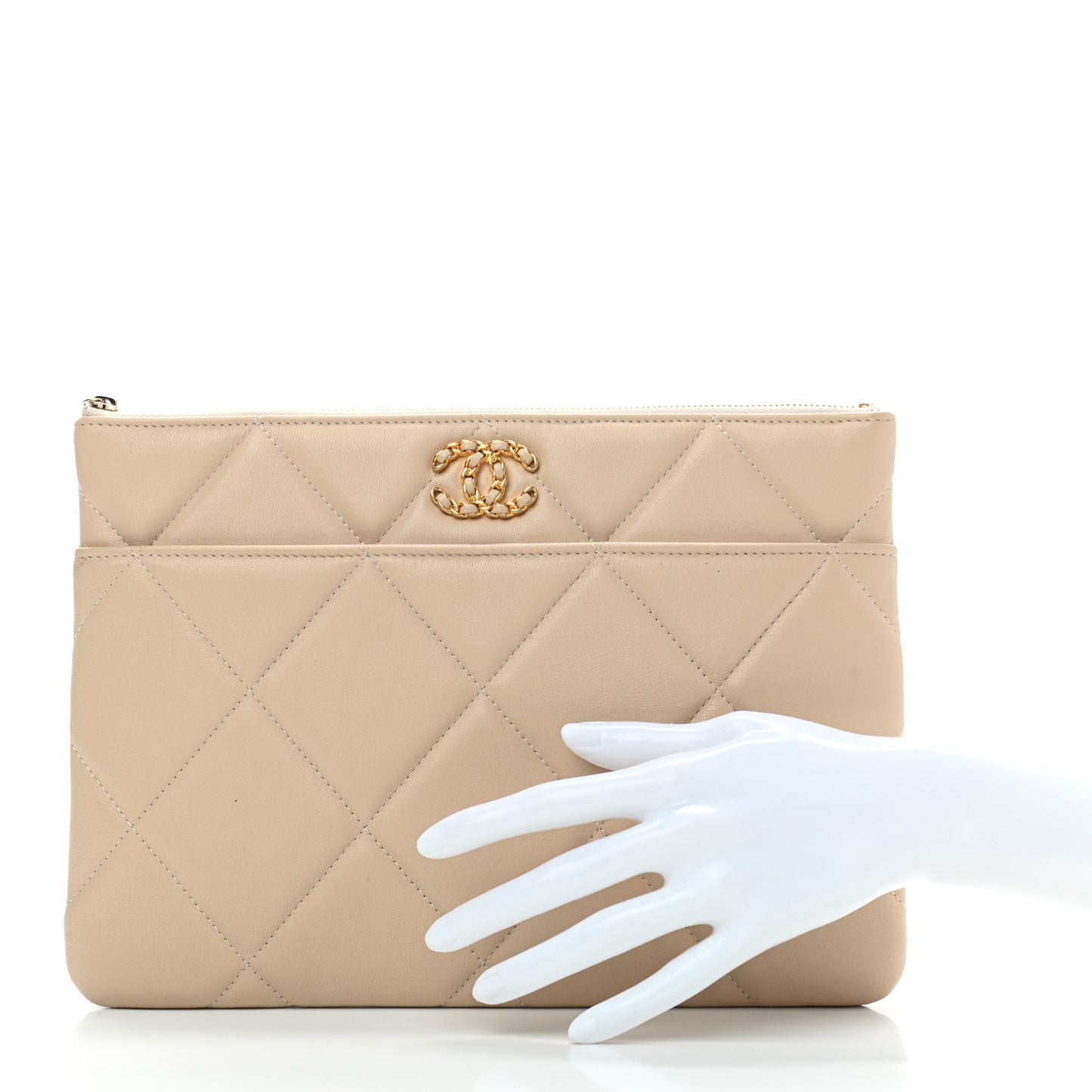 Shiny Goatskin Quilted Chanel 19 Pouch Beige