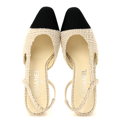 Chanel Tweed Cap Toe CC Slingback Pumps 36 Ivory Black 2 of 9