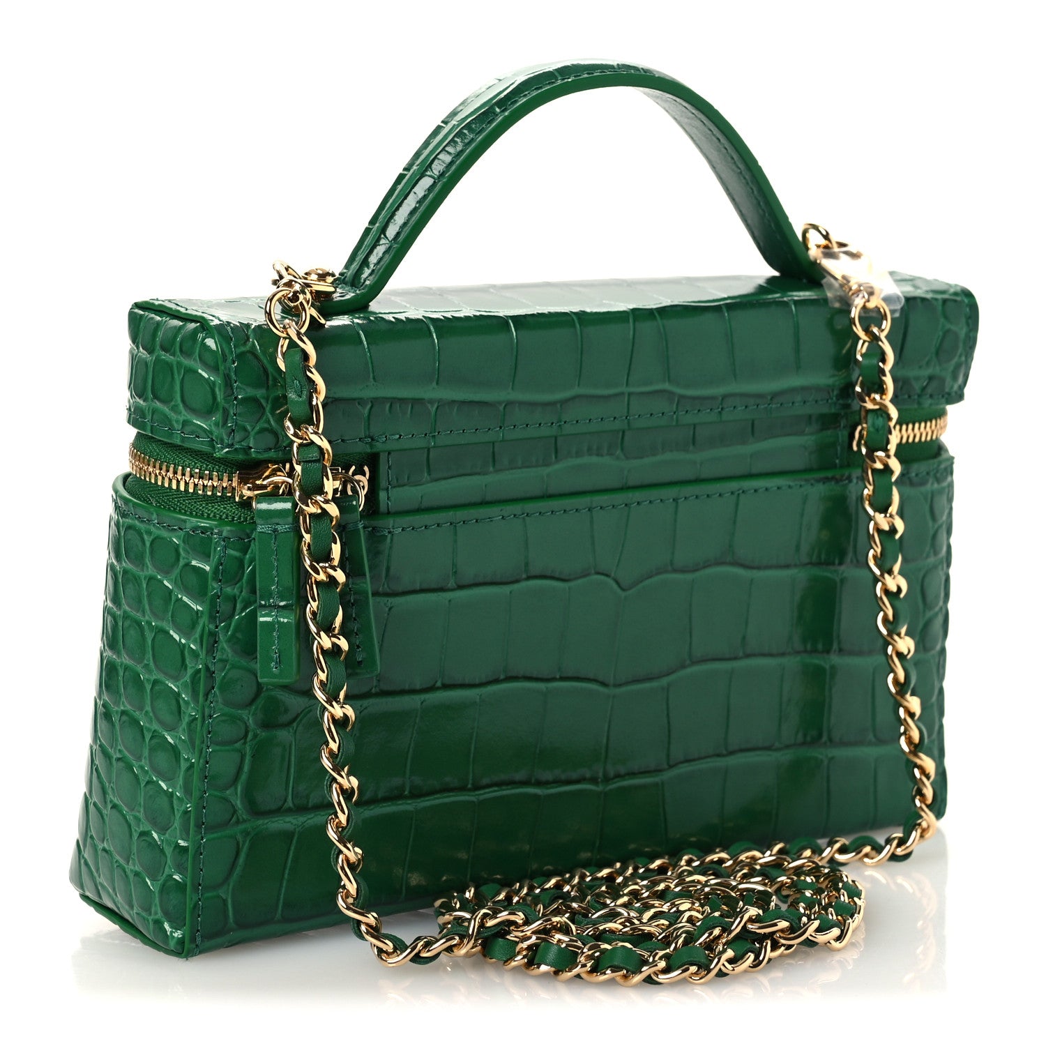 Chanel Calfskin Crocodile Embossed Crococo Top Handle Slim Vanity Case With Chain Green 3 of 13