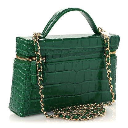 Chanel Calfskin Crocodile Embossed Crococo Top Handle Slim Vanity Case With Chain Green 3 of 13