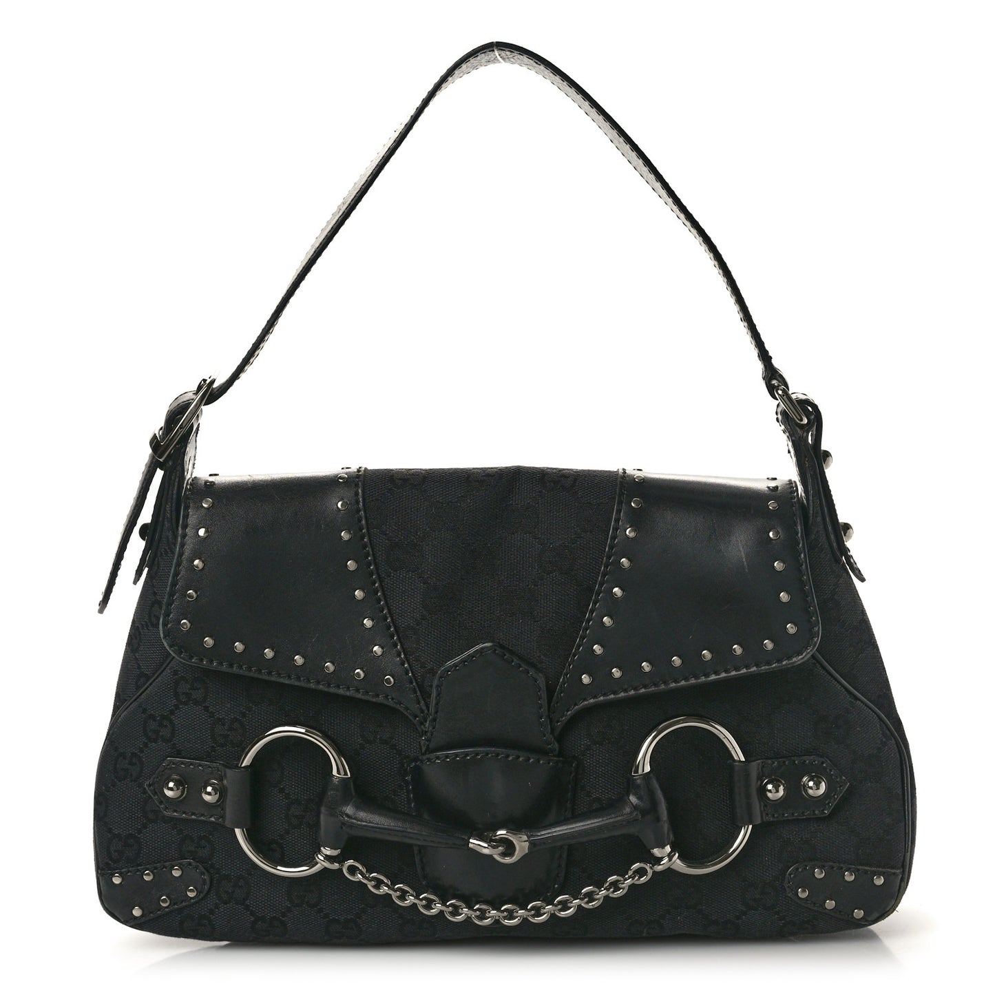 Monogram Horsebit Chain Studded Flap Shoulder Bag Black