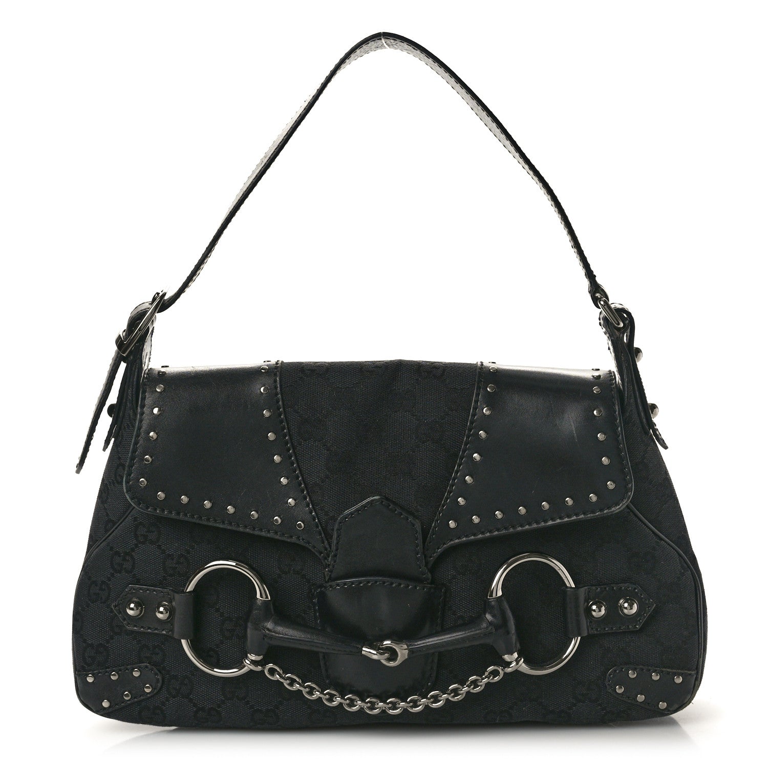 Gucci Monogram Horsebit Chain Studded Flap Shoulder Bag Black 1 of 16