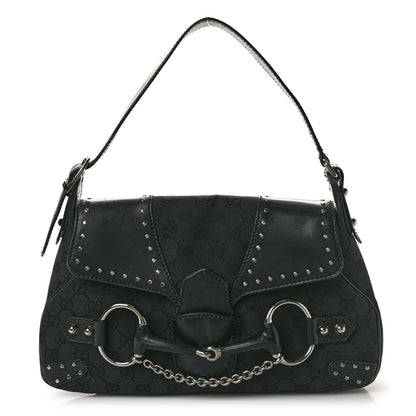Gucci Monogram Horsebit Chain Studded Flap Shoulder Bag Black 1 of 16