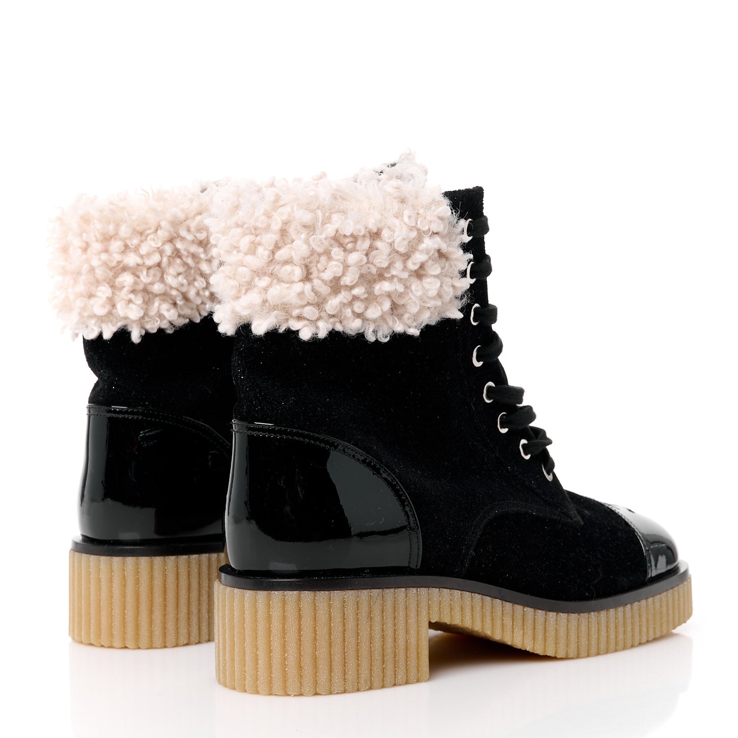 Calfskin Patent Fabric Lace Up Cap Toe CC Boots 39 Black Ivory