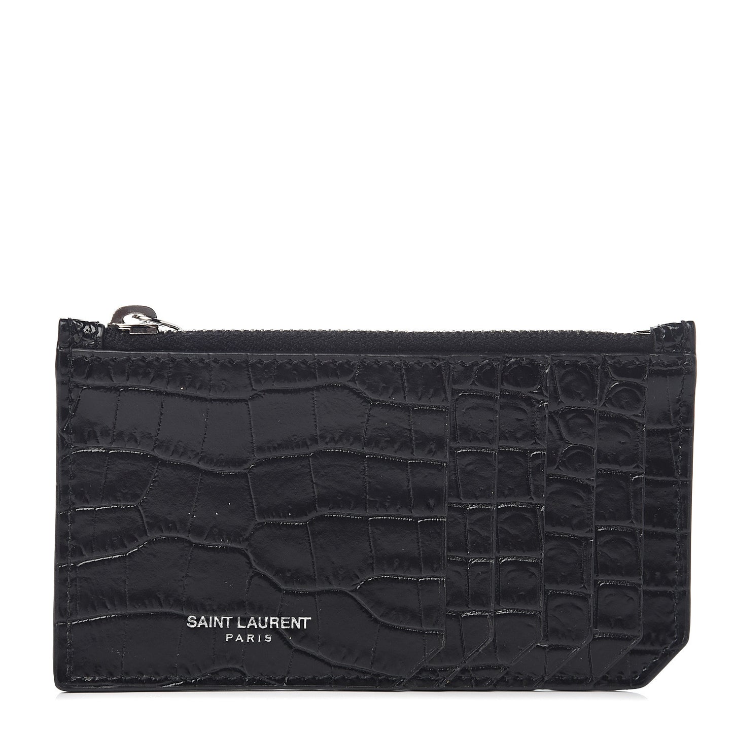 Calfskin Crocodile Embossed 5 Fragments Zip Pouch Card Holder Black