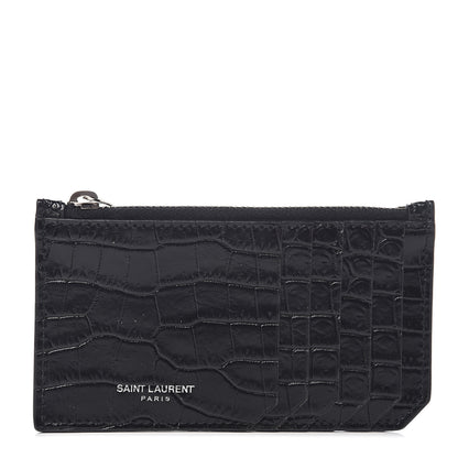 Saint Laurent Calfskin Crocodile Embossed 5 Fragments Zip Pouch Card Holder Black 1 of 6