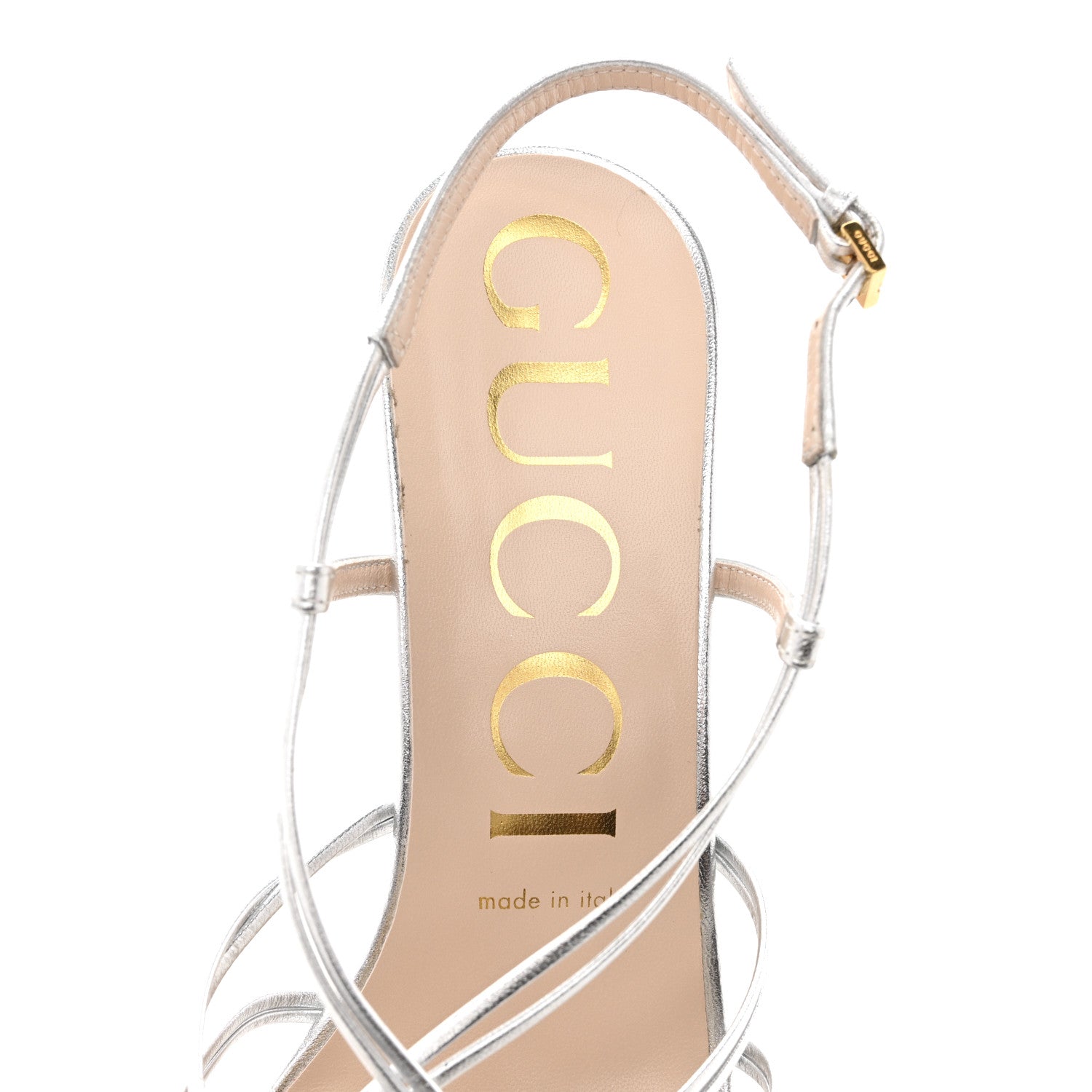 Gucci Metallic Nappa Silk Crystal GG Isa Ankle Strap Mid Heel Sandals 39.5 Silver 7 of 11
