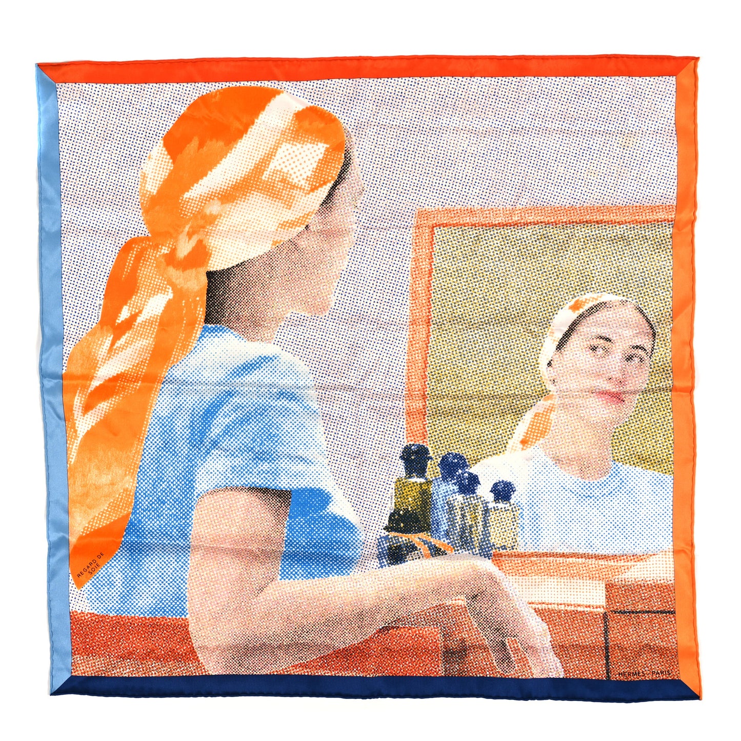Vintage Silk Regard de Soie Scarf 70 Orange Bleu Brun