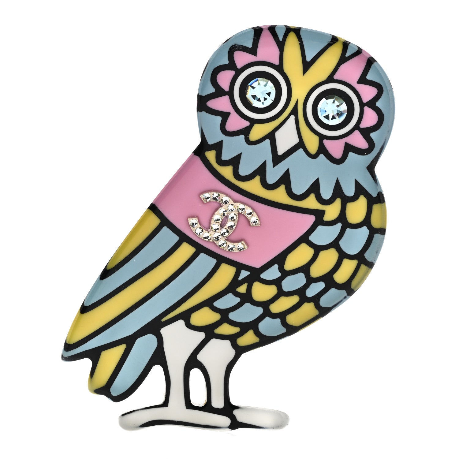 Chanel Resin Crystal Owl CC Brooch Blue Yellow Golden 1 of 4