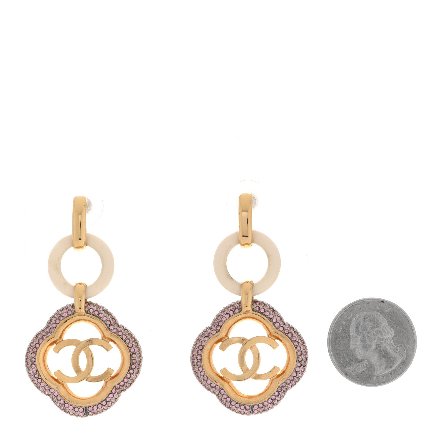 Chanel Resin Crystal CC Drop Earrings Gold Pink White 2 of 4