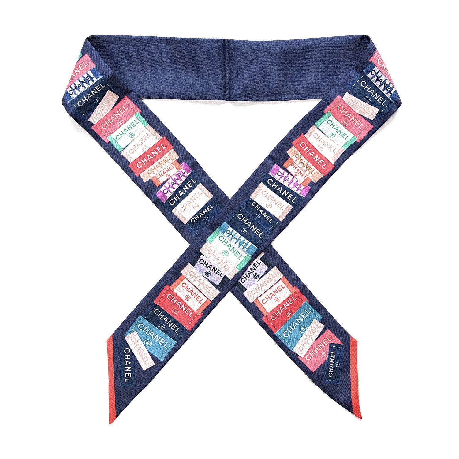 Chanel Silk Twill Slim Bandeau Scarf Navy Blue Red 1 of 3
