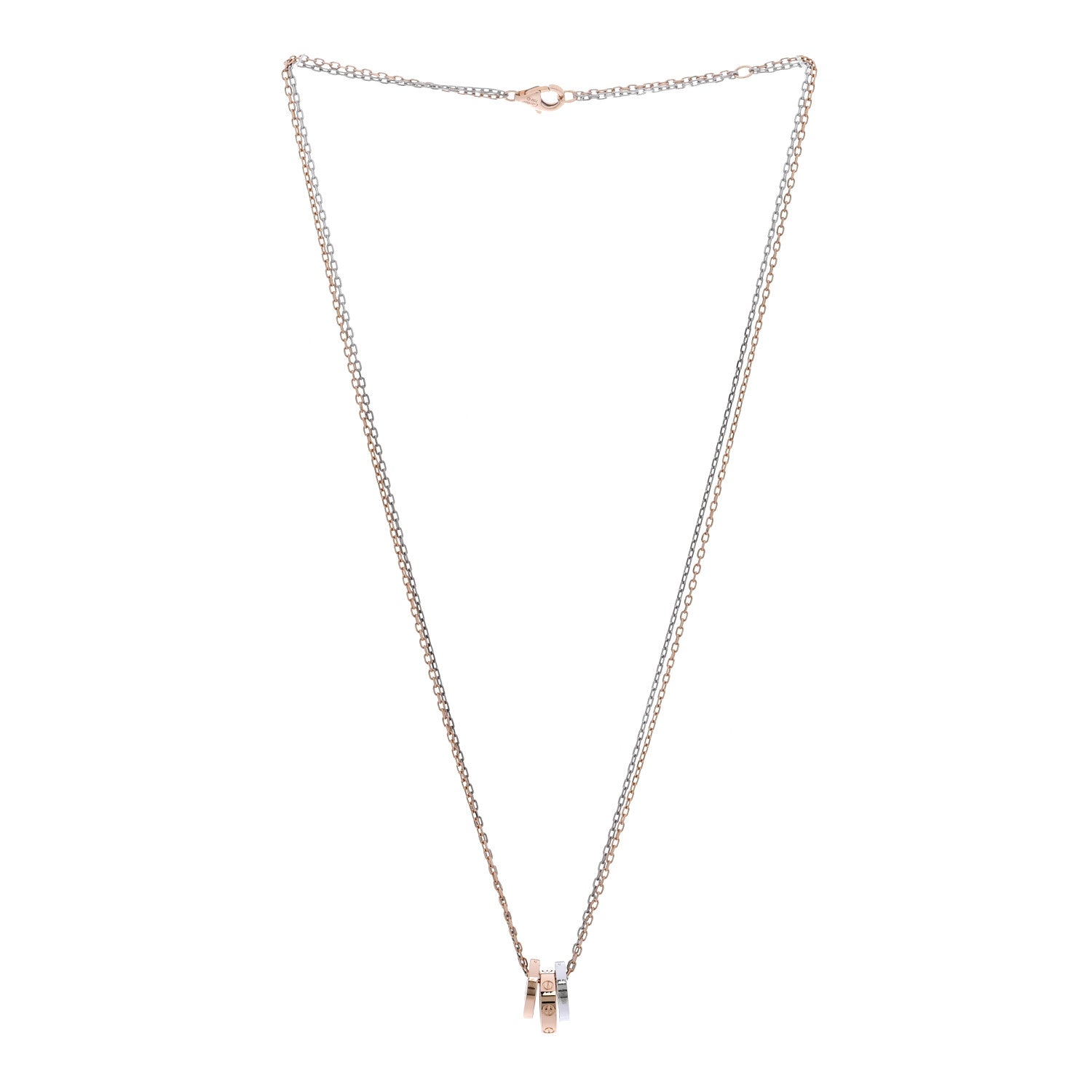 Cartier 18K White Pink Gold Diamond Three Ring LOVE Necklace 3 of 5