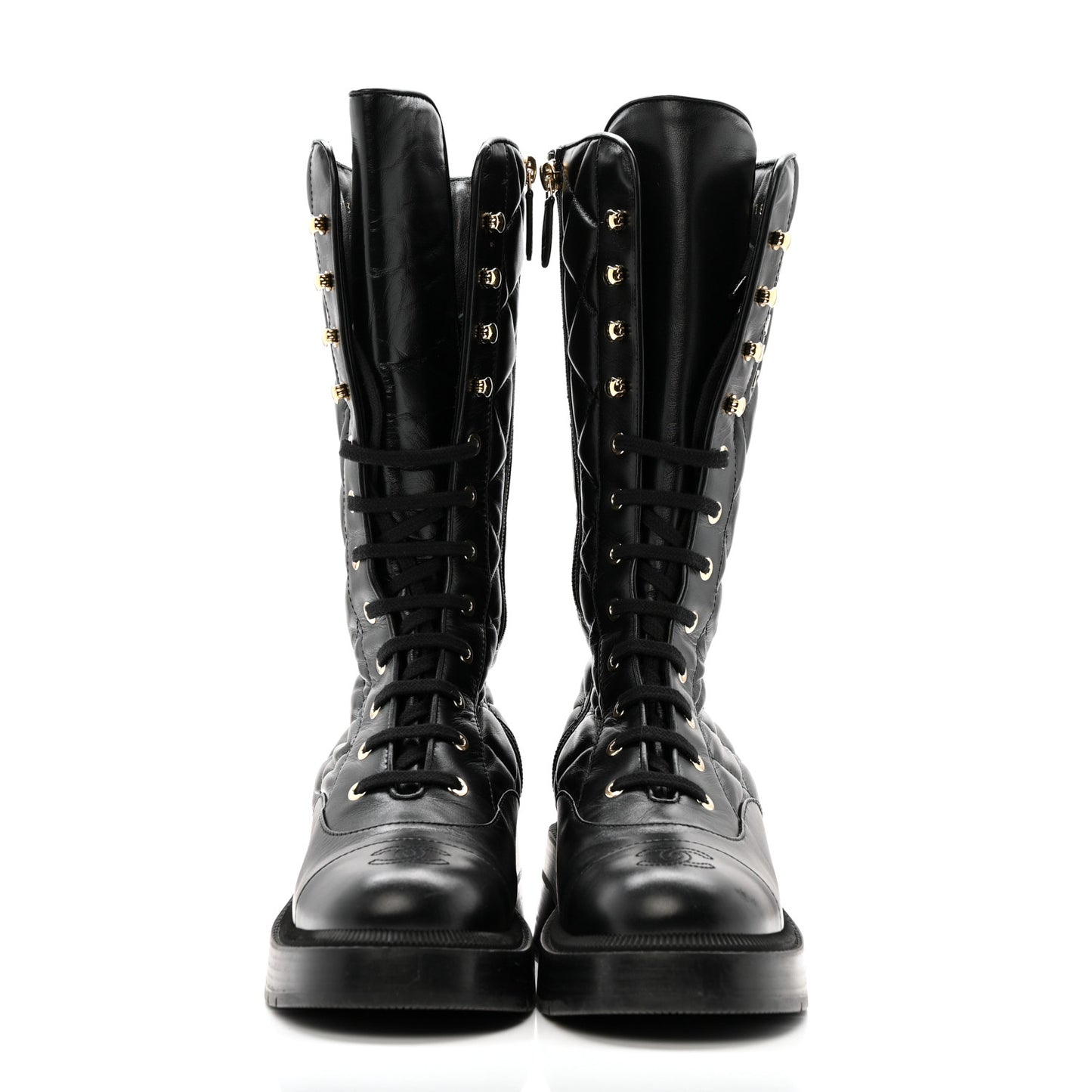 Calfskin Quilted Logo Lace Up Tall Combat Boots 37.5 Black
